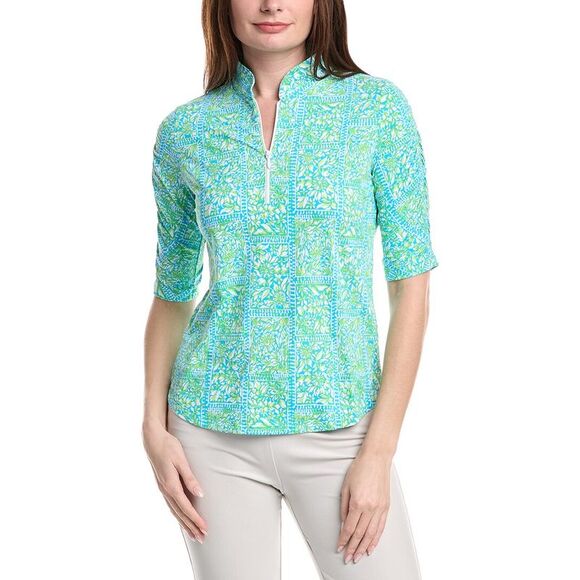 IBKUL Tops - Ibkul Womens Ruched Elbow Sleeve Mandarin Collar Top, Green